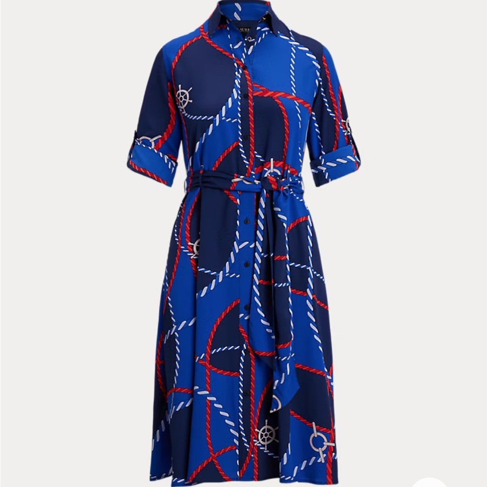 Ralph Lauren crepe Nautical Blue and Red Shirt Dress with gold buttons